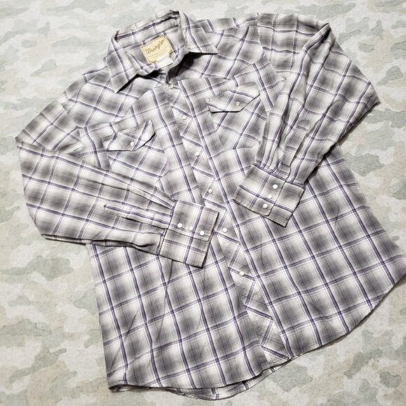 Wrangler Shirt Mens XL Gray Western Pockets Pearl Snap Long Sleeve Plaid - Picture 2 of 8
